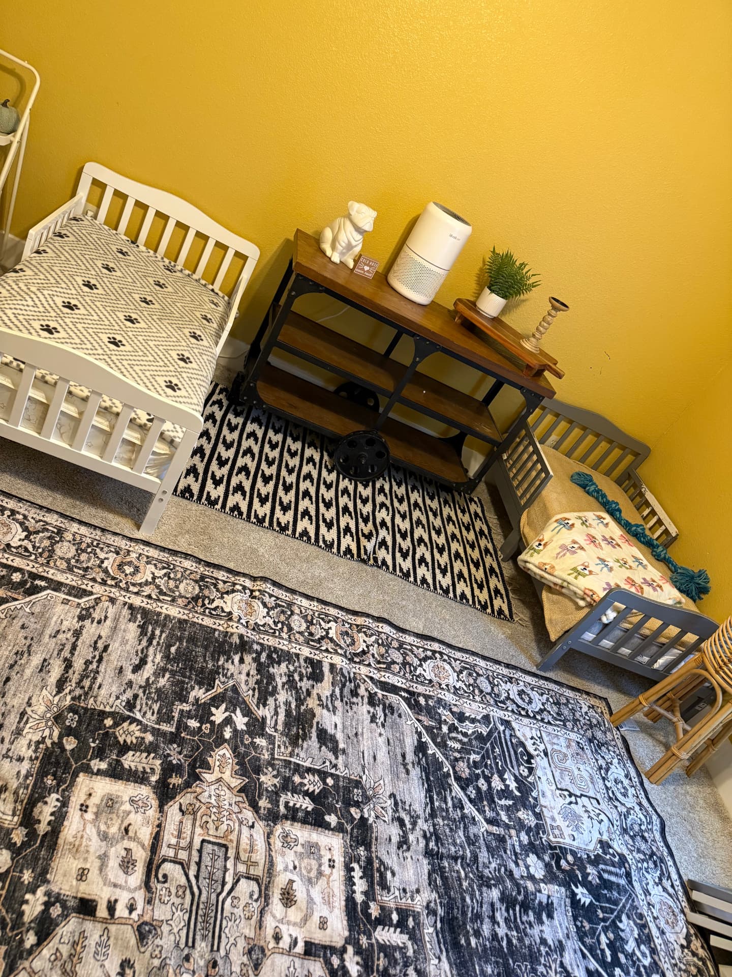 Cozy pet bedroom with beds, rugs, and blankets